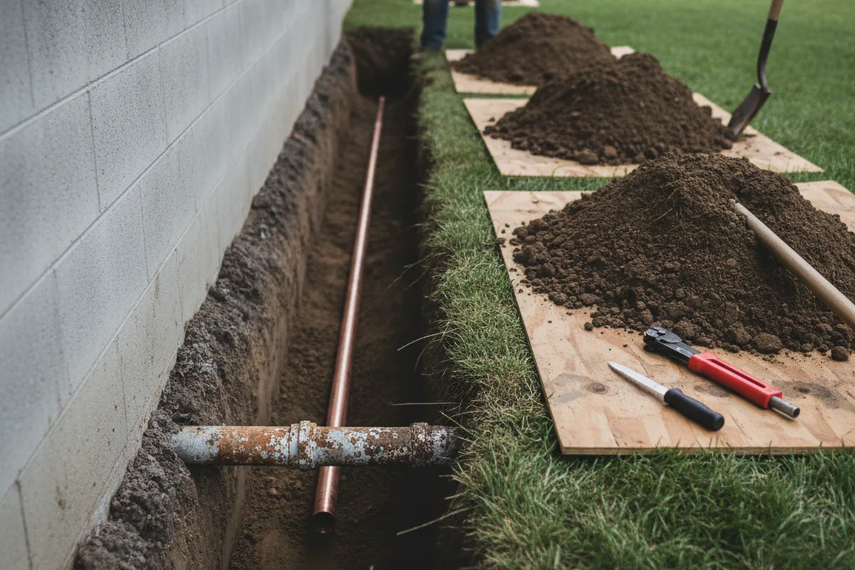 Excavated water line trench during Water Heater Repair in Landenberg